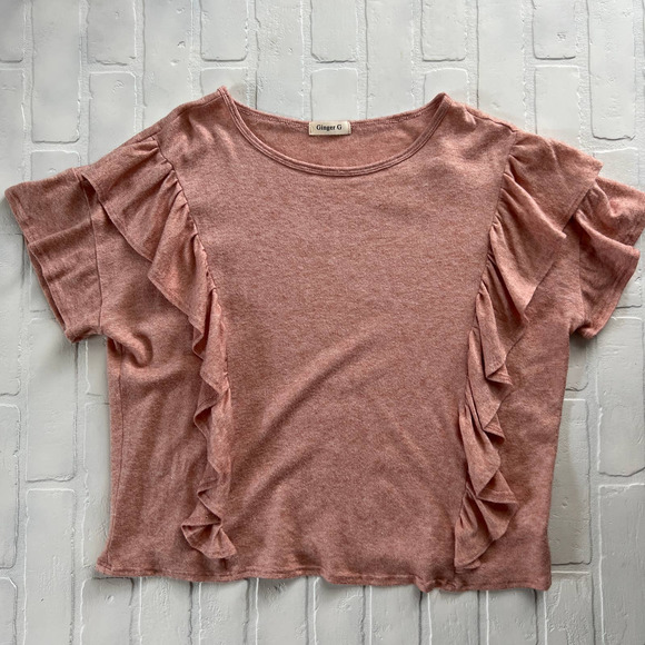 Ginger G Tops - Ginger G Women's Soft Pink Ruffle Short Sleeve Stretch Top -sz L